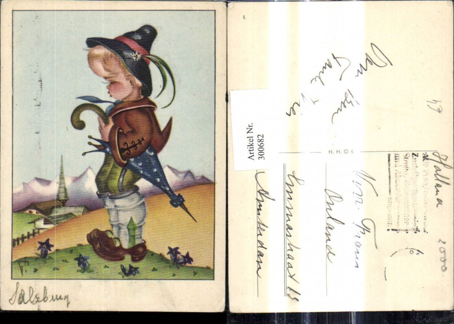 300682,Künstler Ak Kind Kinder Bub Junge Tracht m. Schirm Landschaft Enzian