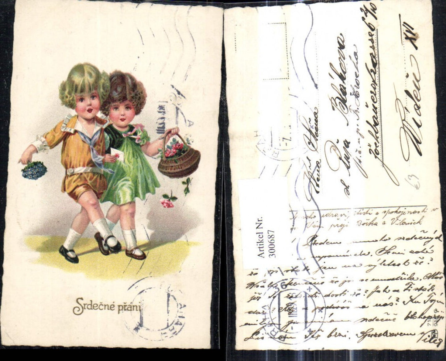 300687,Künstler Ak Kind Kinder m. Blumenkorb Blumenstrauß Blumen Srdecne prani