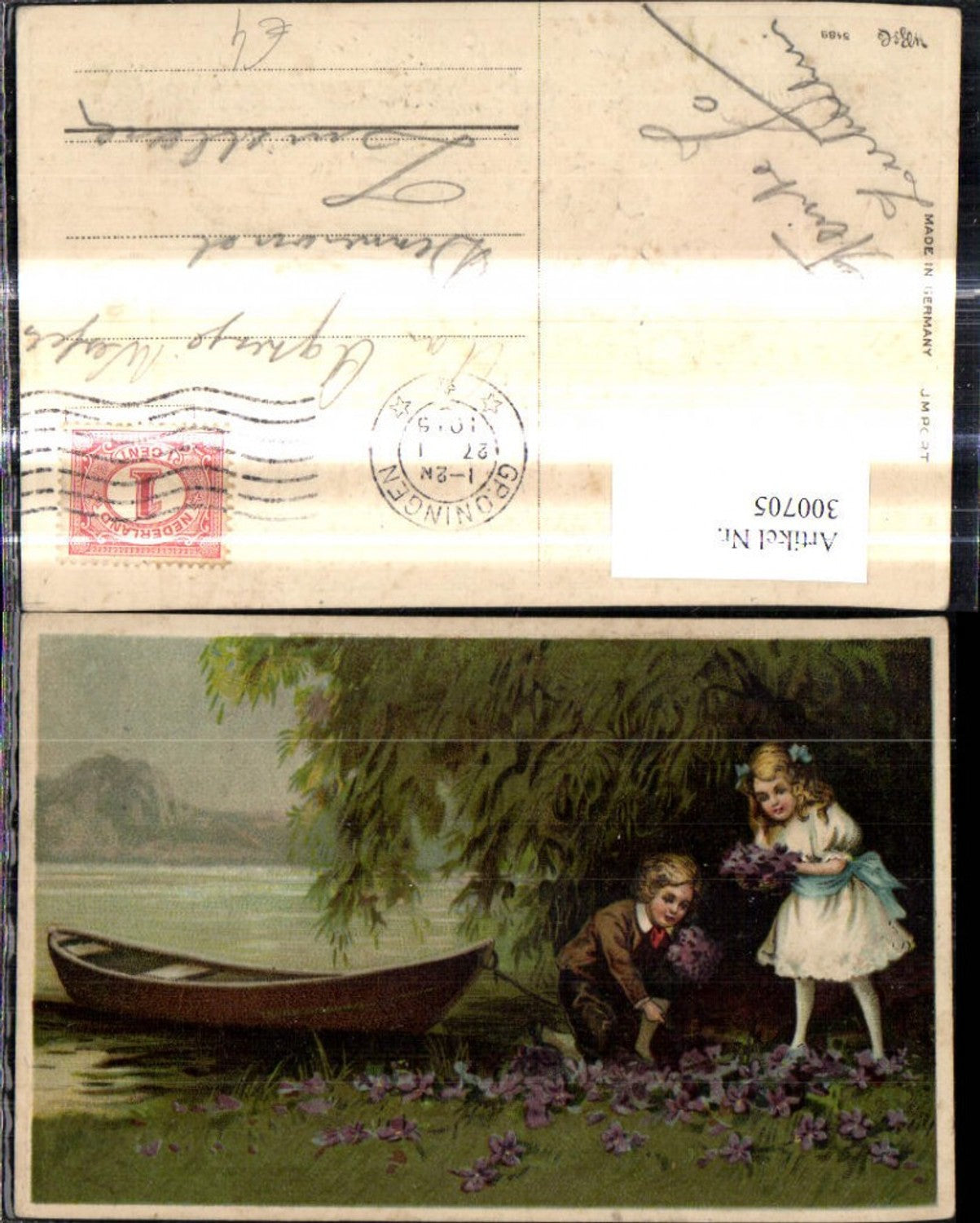 300705,Künstler Ak Kinder m. Blumen Veilchen Ufer Boot Landschaft