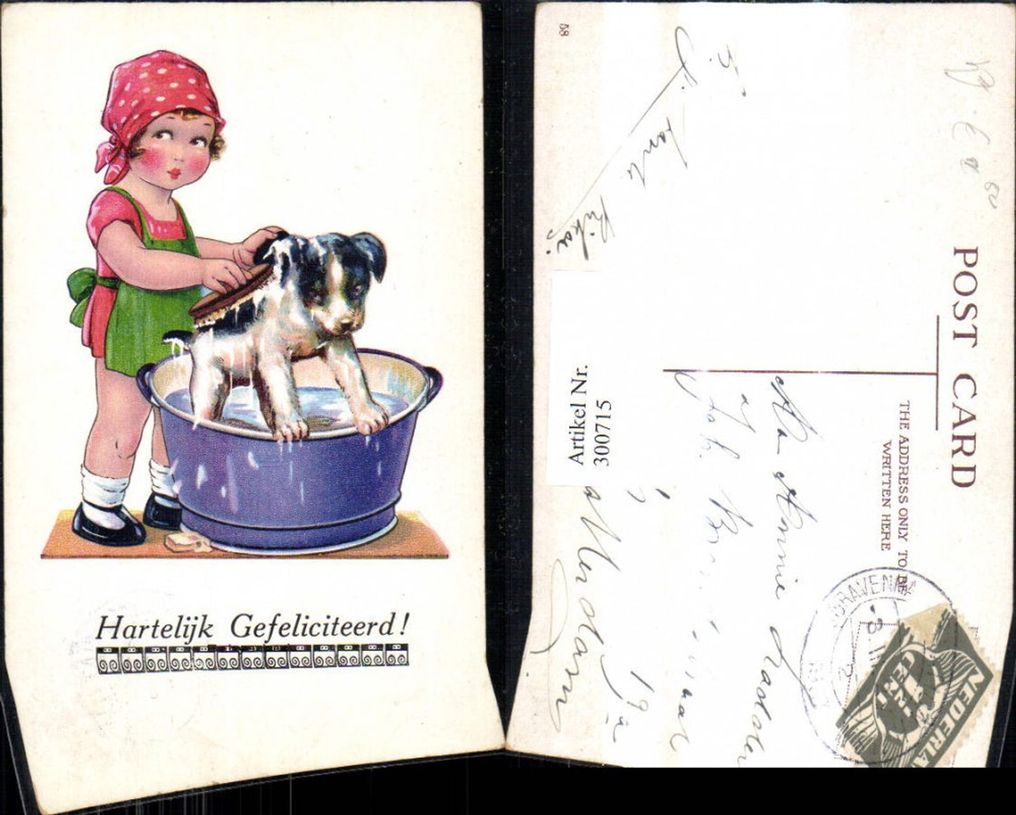 300715,Künstler Ak Kind Mädchen wäscht Hund i. Trog Seife Bürste Hartelijk Gefeliciteerd