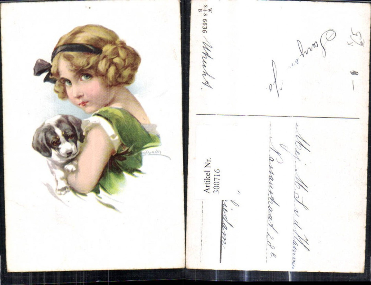 300716,Künstler Ak Kind Mädchen m. Haarschleife Hund Portrait