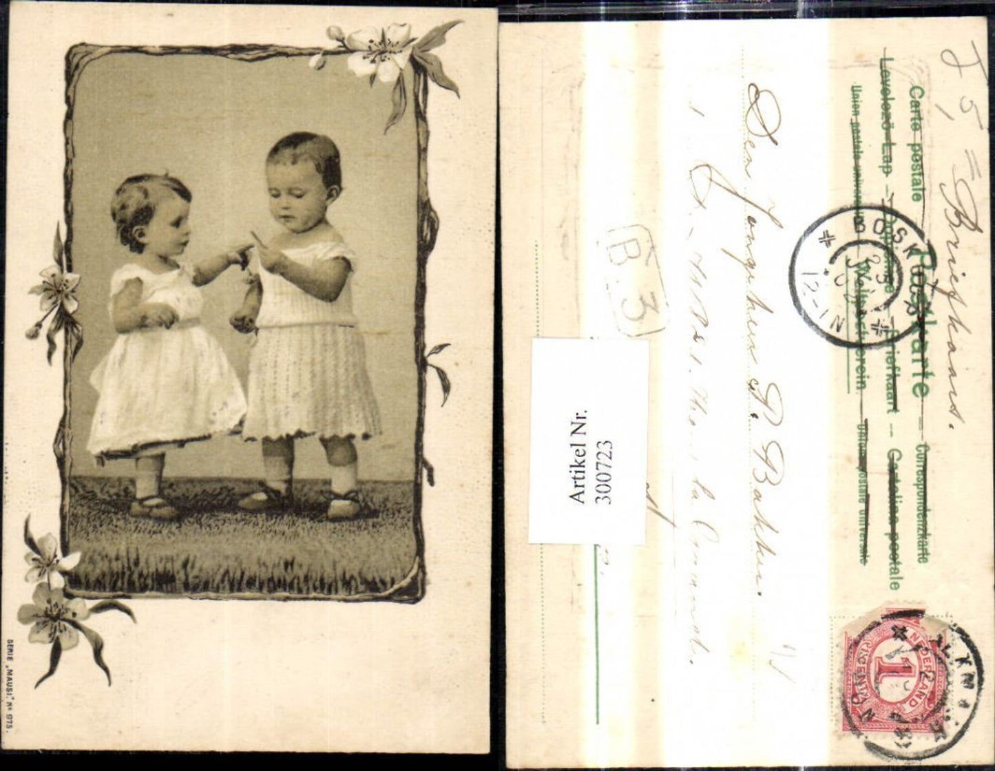 300723,Präge Ak Kinder Mädchen m. Zigarette i. Finger Rauchen Passepartout Blumen