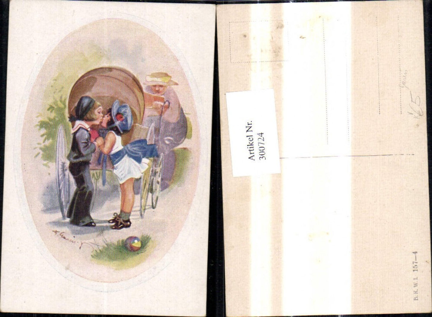 300724,Künstler Ak F. Gareis Kinder Kuss hinter Kinderwagen Alte Frau liest Lesen Buch pub B.K.W.I. 157/4