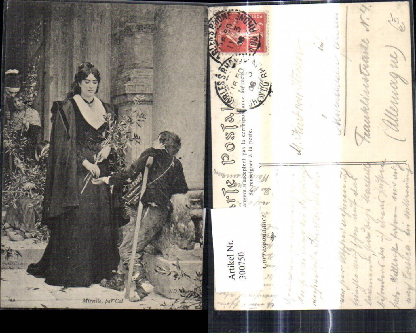 300750,Frau m. Bettlerjungen Bettler Mireille par Cot Krücke Ziehharmonika
