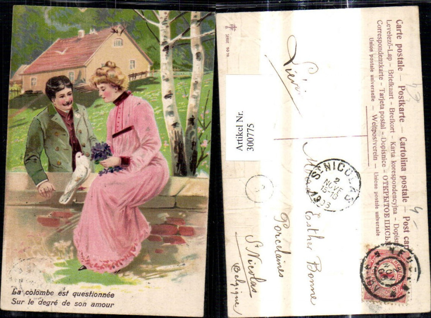 300775,Präge Litho Liebe Paar b. Mauer m. Taube Blumenstrauß Veilchen Spruch