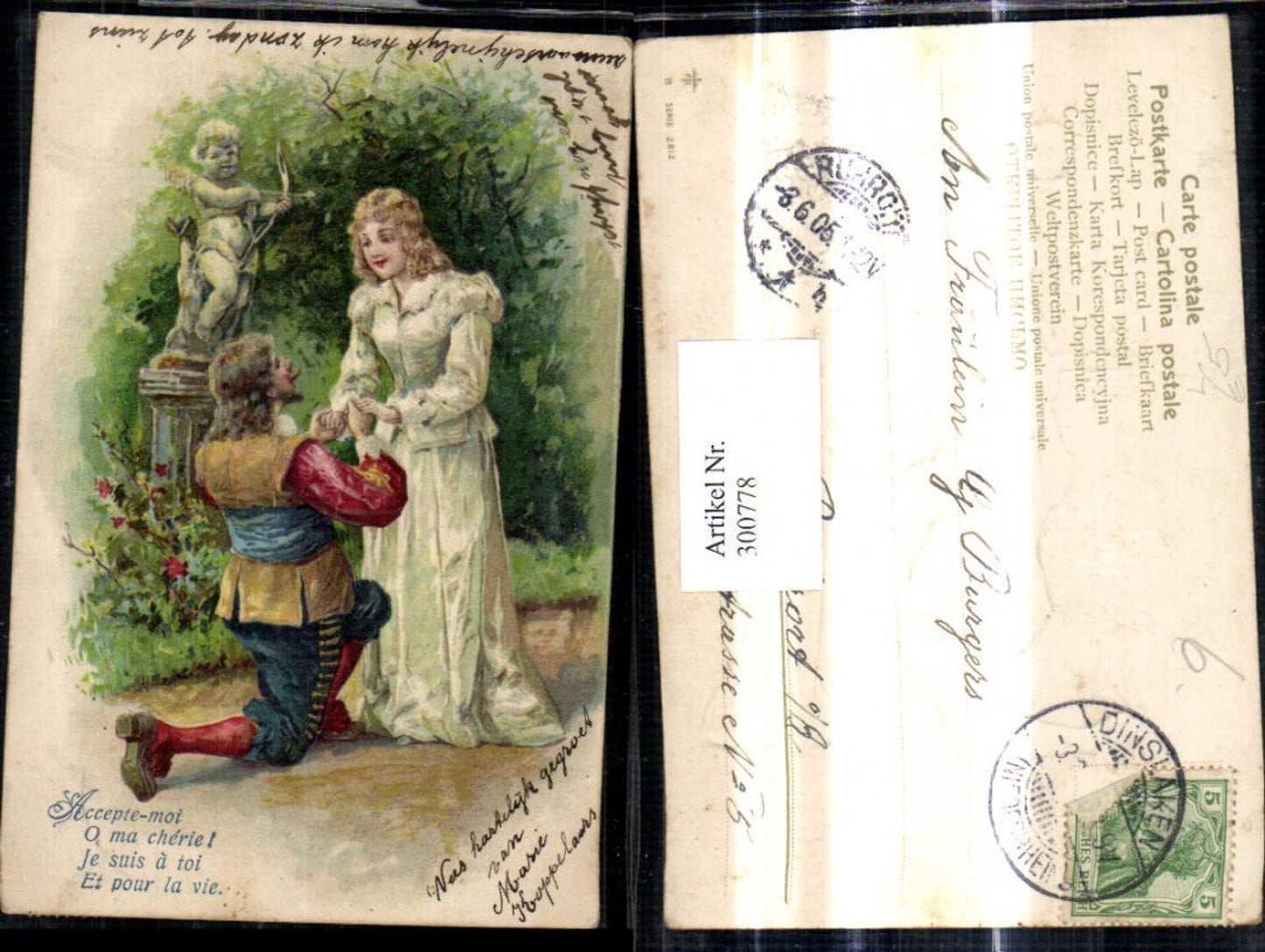 300778,Präge Litho Liebe Paar Mann kniet v. Frau Amor-Statue Spruch Antrag
