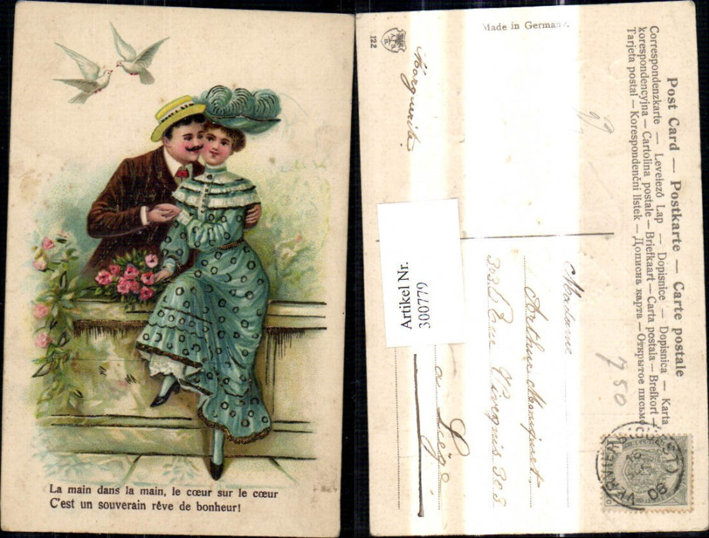 300779,Präge Litho Liebe Paar b. Mauer Umarmung Tauben Turteltauben Spruch Goldverzierung