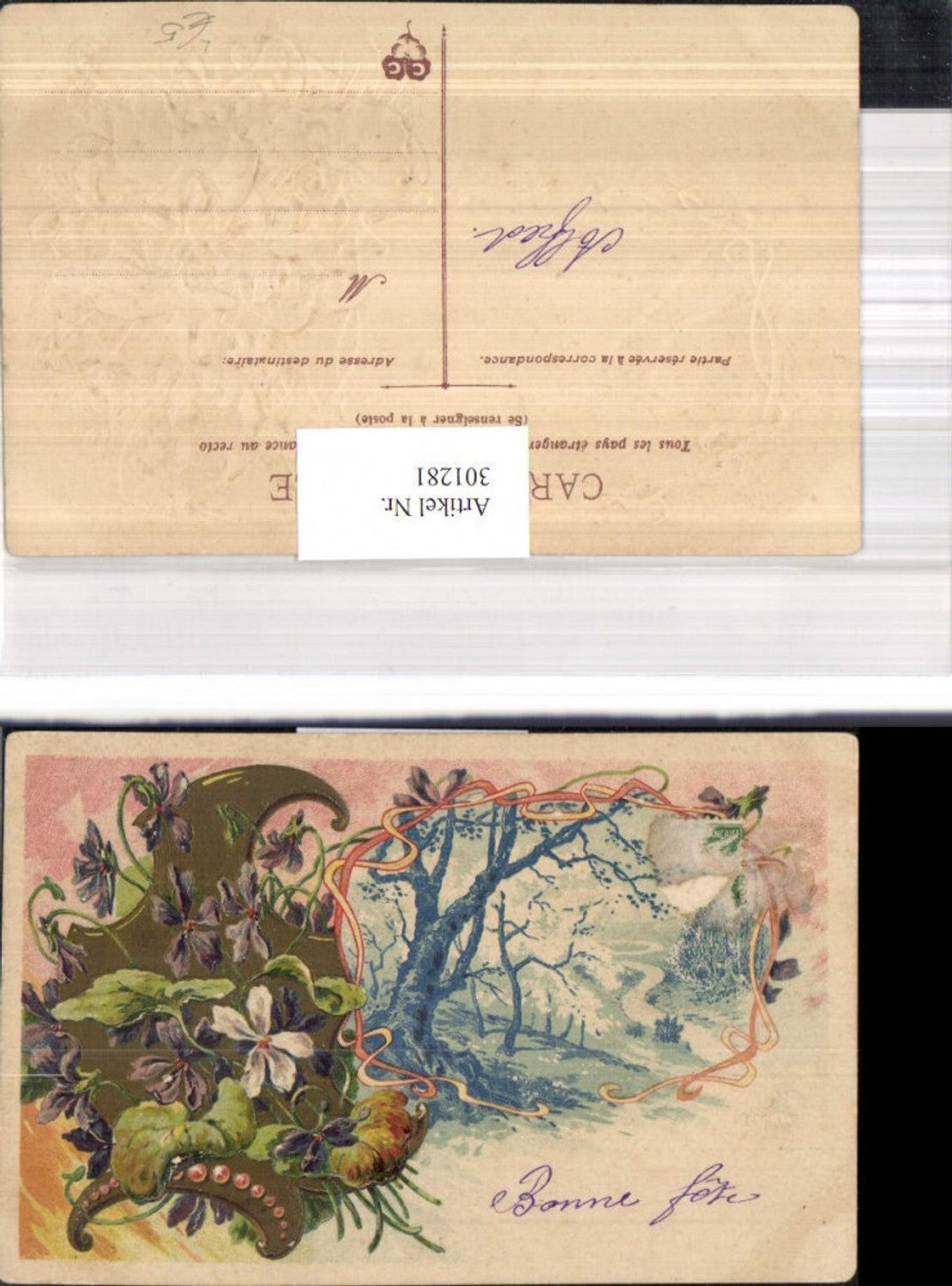 301281,Präge Künstler Litho Fluss Bäume Landschaft Blumen Veilchen Schleife Ranke