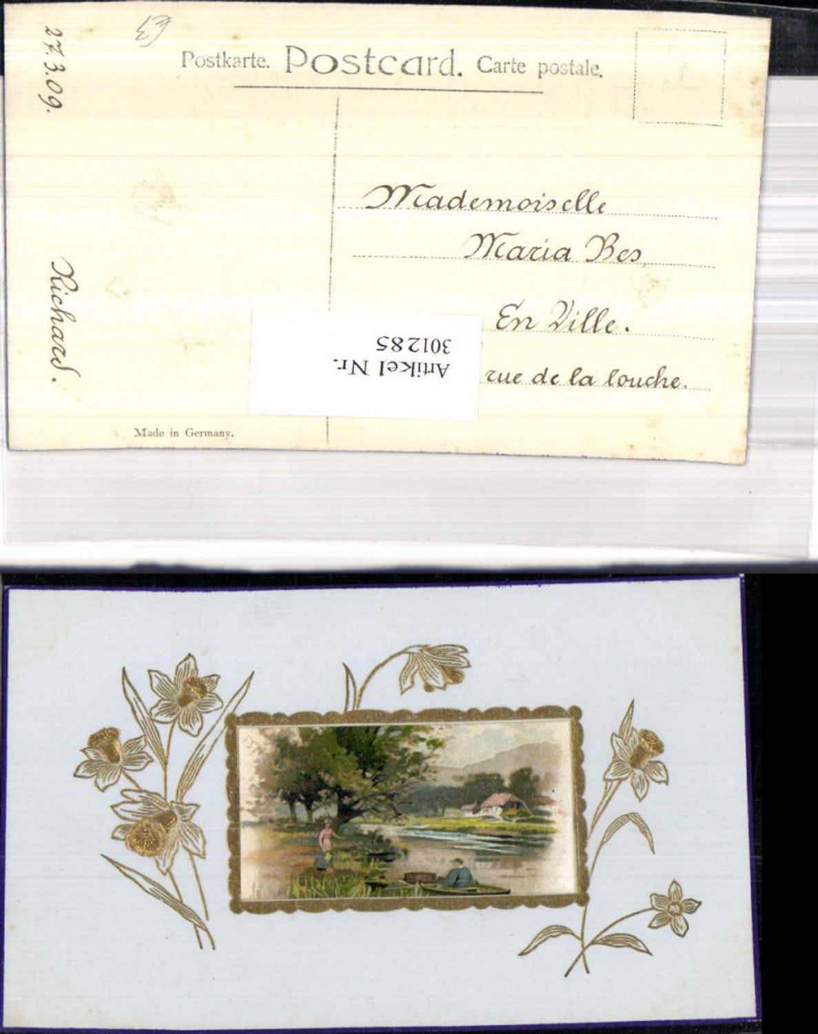 301285,Künstler Ak Haus a. Fluss Frau Mann Boot Landschaft Passepartout Blumen Narzissen
