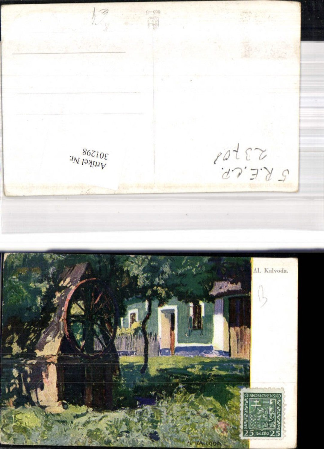 301298,Künstler Ak Al. Kalvoda Wagenrad a. Hütte Marterl Haus Garten