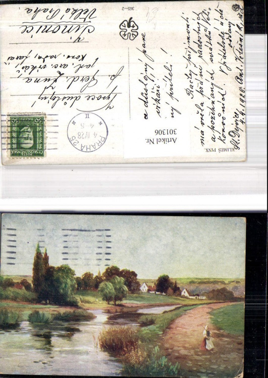 301306,Künstler Ak Klimes Frau Bäuerin m. Rechen Weg Fluss Dorf Landschaft