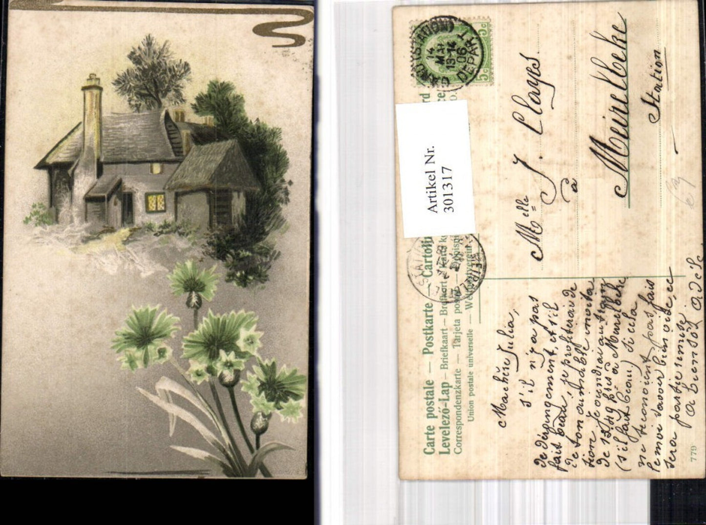 301317,Präge Künstler Ak Haus Bäume m. Kornblumen Blumen i. Vordergrund