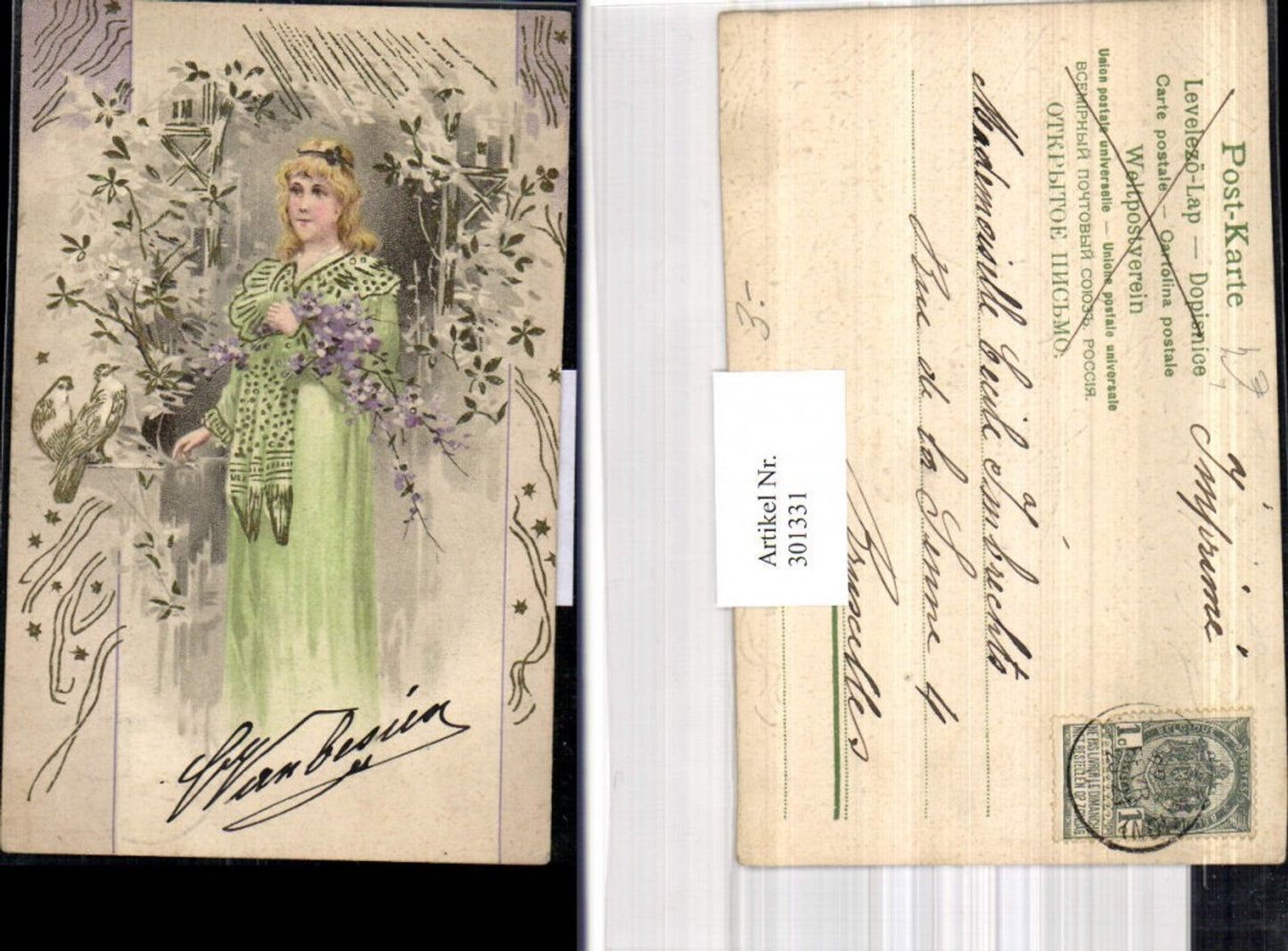301331,Präge Künstler Litho Frau Tauben Blumen Goldverzierung
