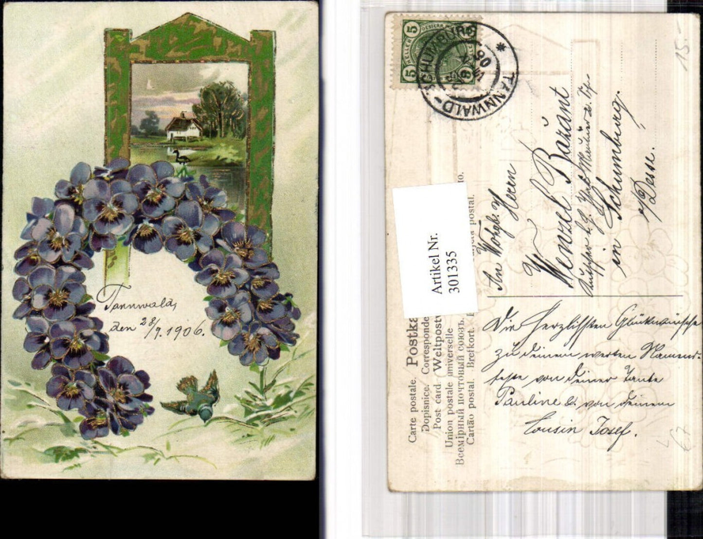301335,Präge Künstler Litho Haus a. See Landschaft Passepartout Hufeisen Veilchen Blüten Vogel
