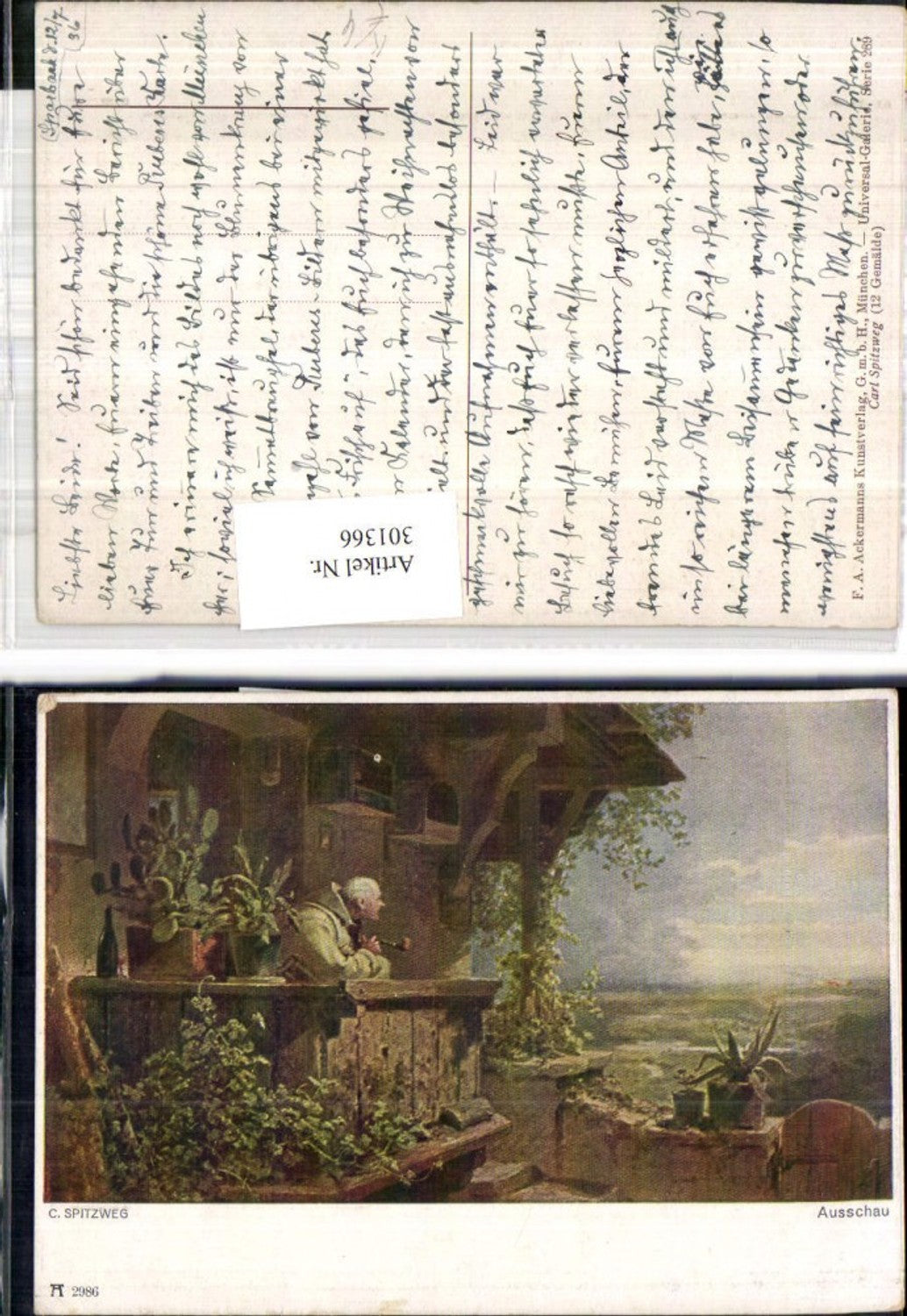 301366,Künstler Ak C. Spitzweg Ausschau Mönch raucht Pfeife a. Terrasse pub F. A. Ackermann 289