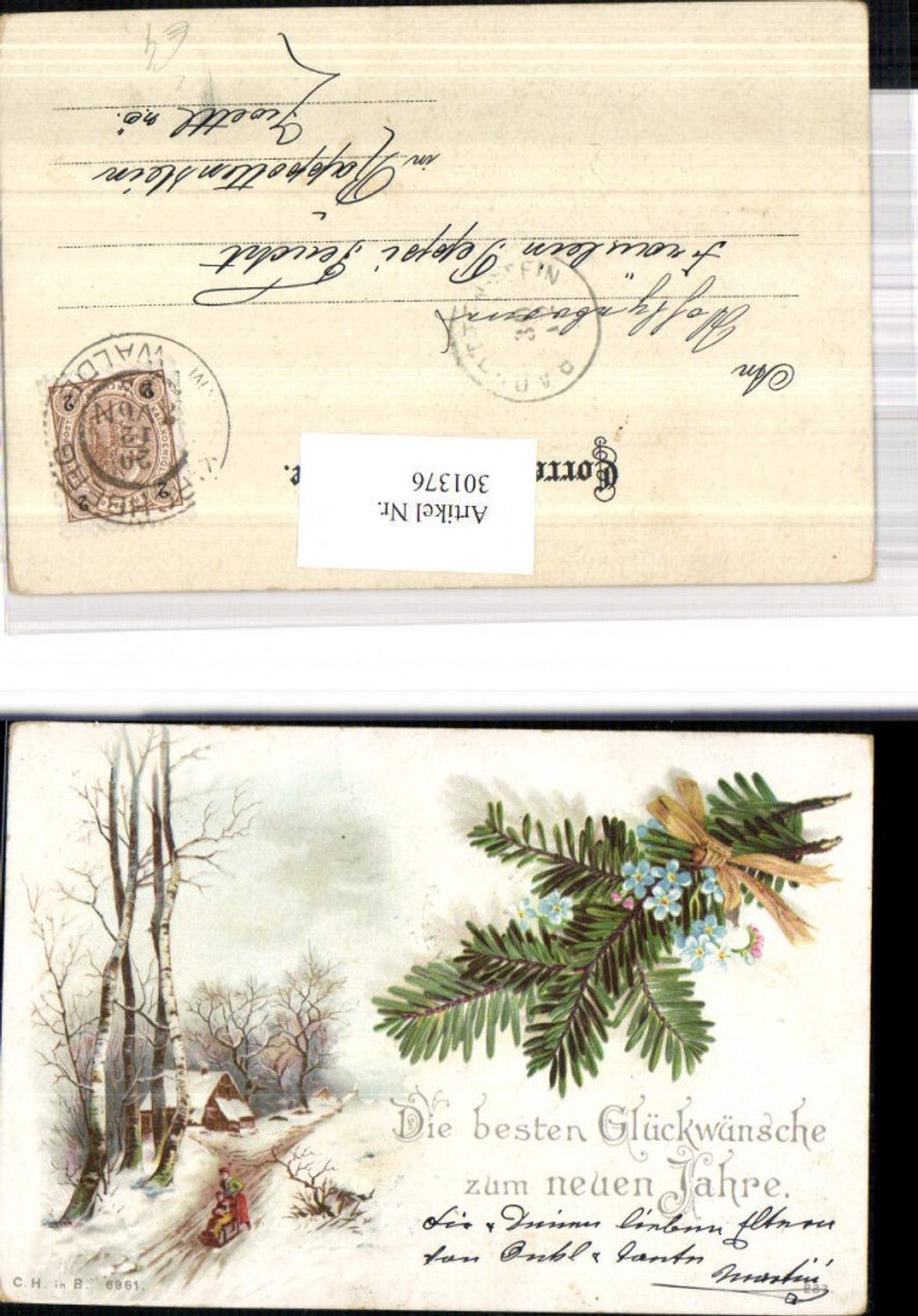 301376,Künstler Litho Kinder m. Schlitten Haus Winterwald Tannenzweig Blume Vergissmeinnicht