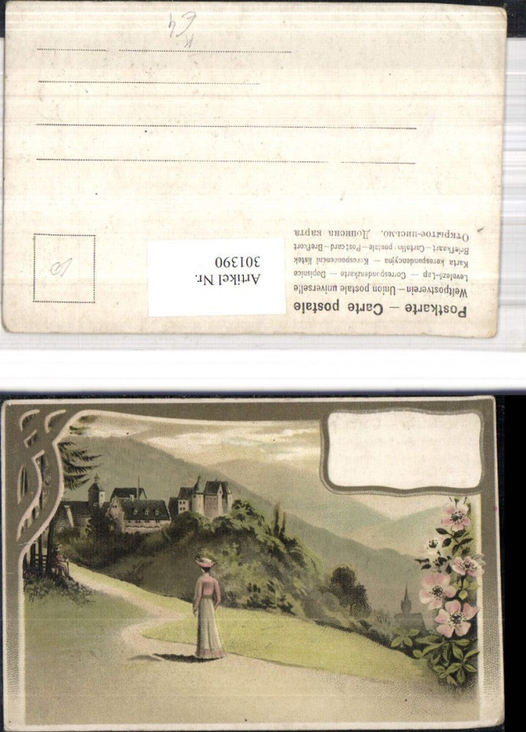 301390,Künstler Ak Frau a. Weg Schloss Stadt Landschaft Passepartout Blumen