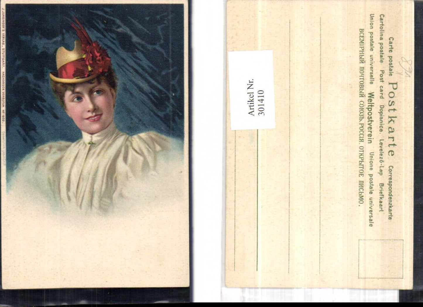 301410,Künstler Ak Frau Hut Hutmode Portrait pub J. Junginger 1602