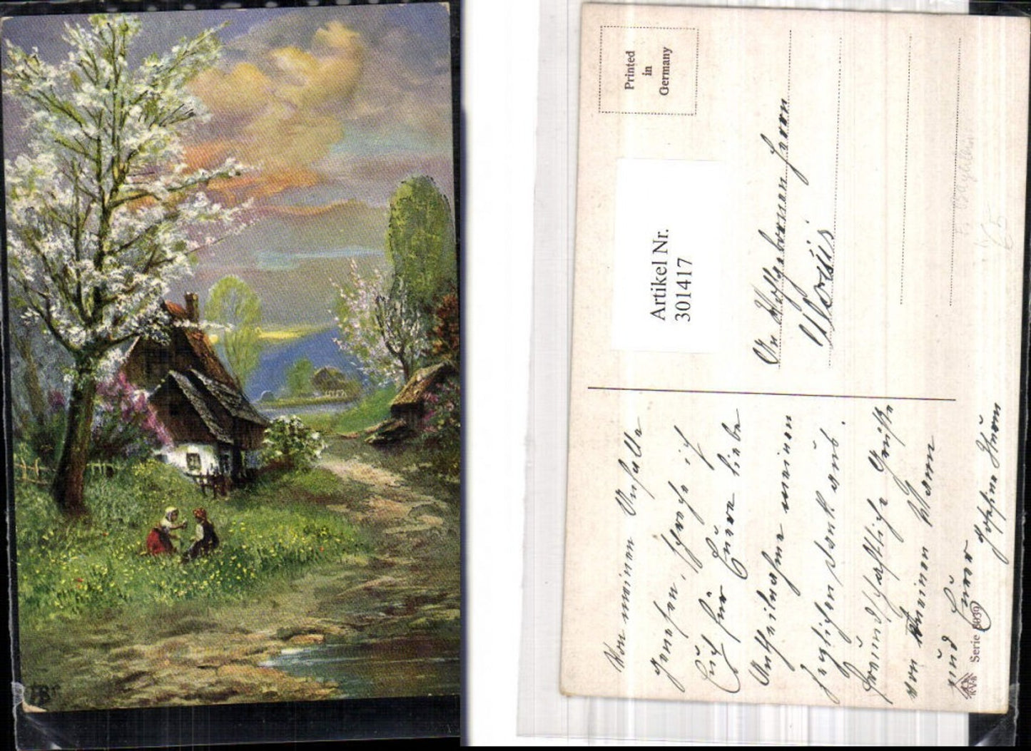 301417,Künstler Ak F. Bayerlein Kinder i. Blumenwiese Haus Landschaft