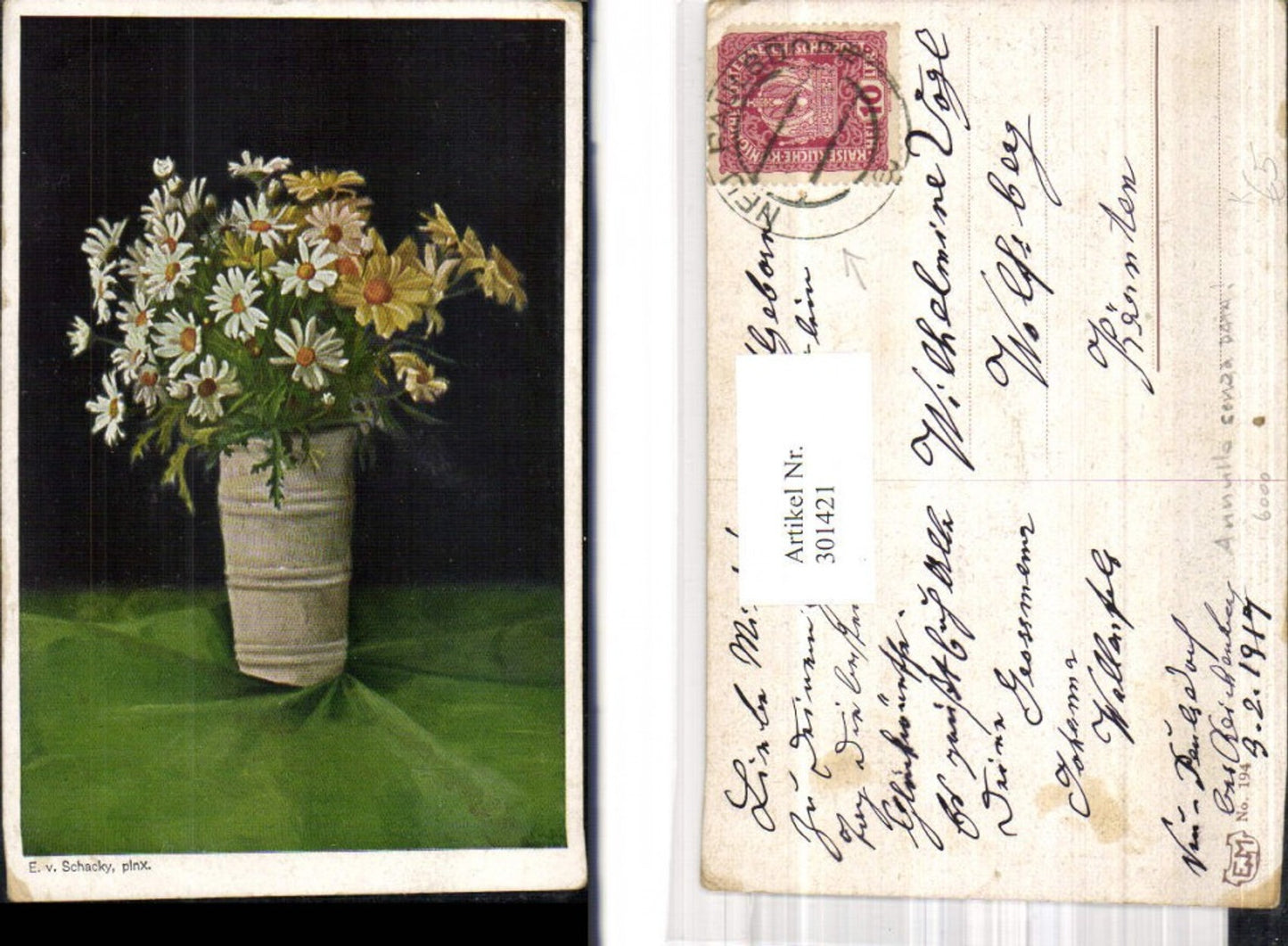 301421,Künstler Ak E. v. Schacky Blumenvase Vase m. Margeriten Blumen