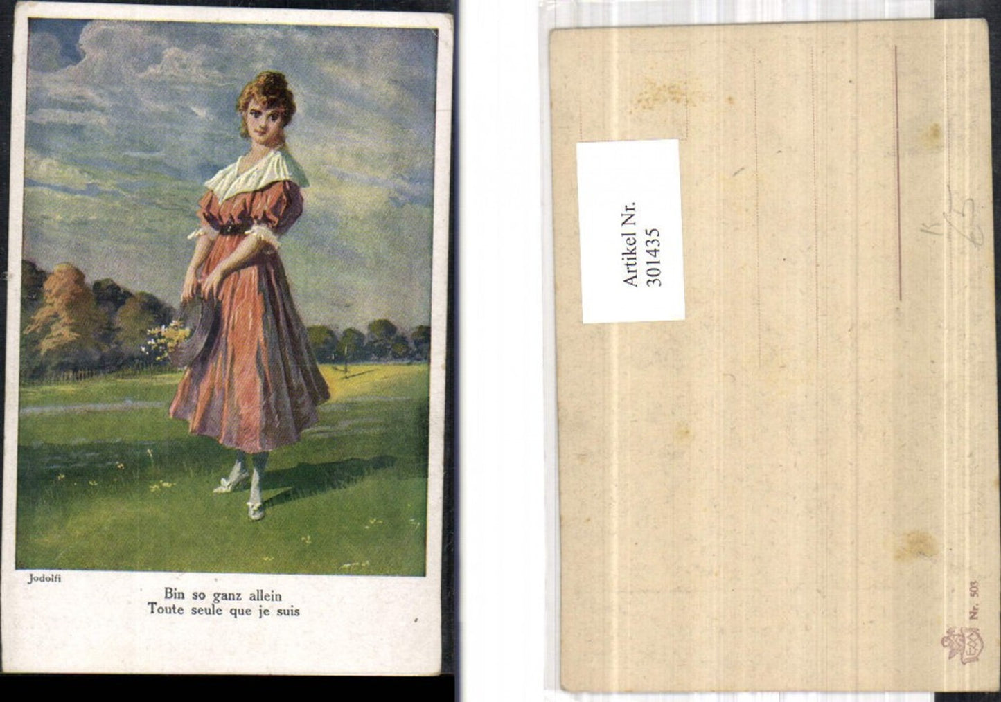 301435,Künstler Ak Jodolfi Frau a. Wiese Hut Blumen Spruch Text