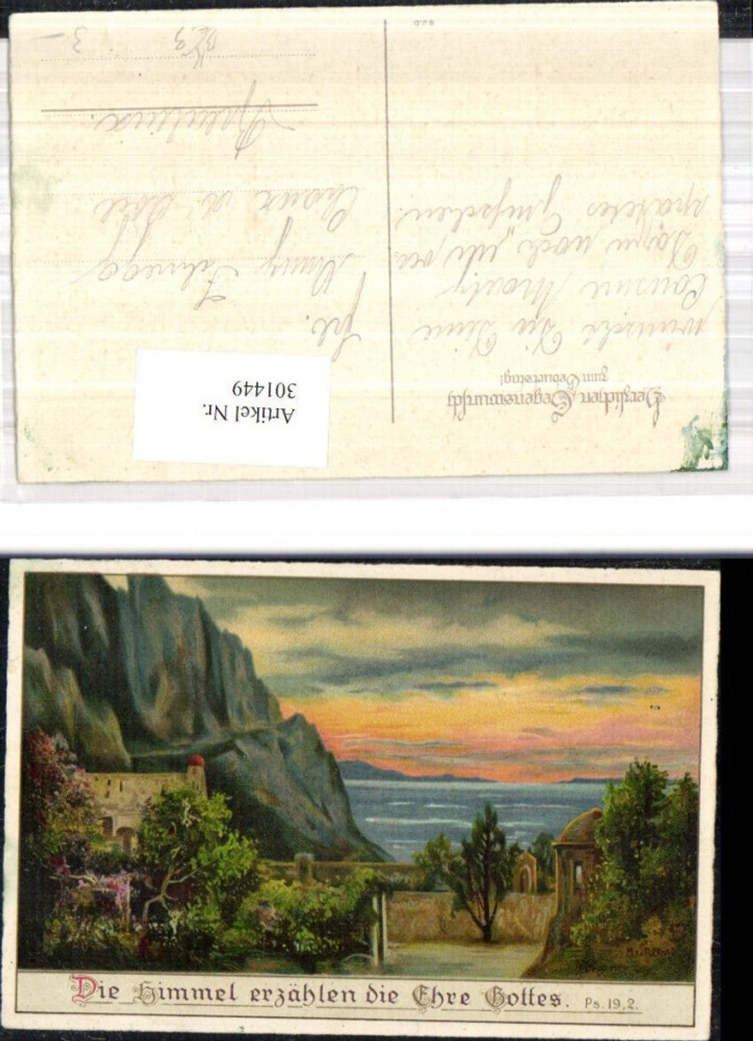 301449,Künstler Ak M. v. Stuckrad Gebäude Felsenküste Spruch Text Religion
