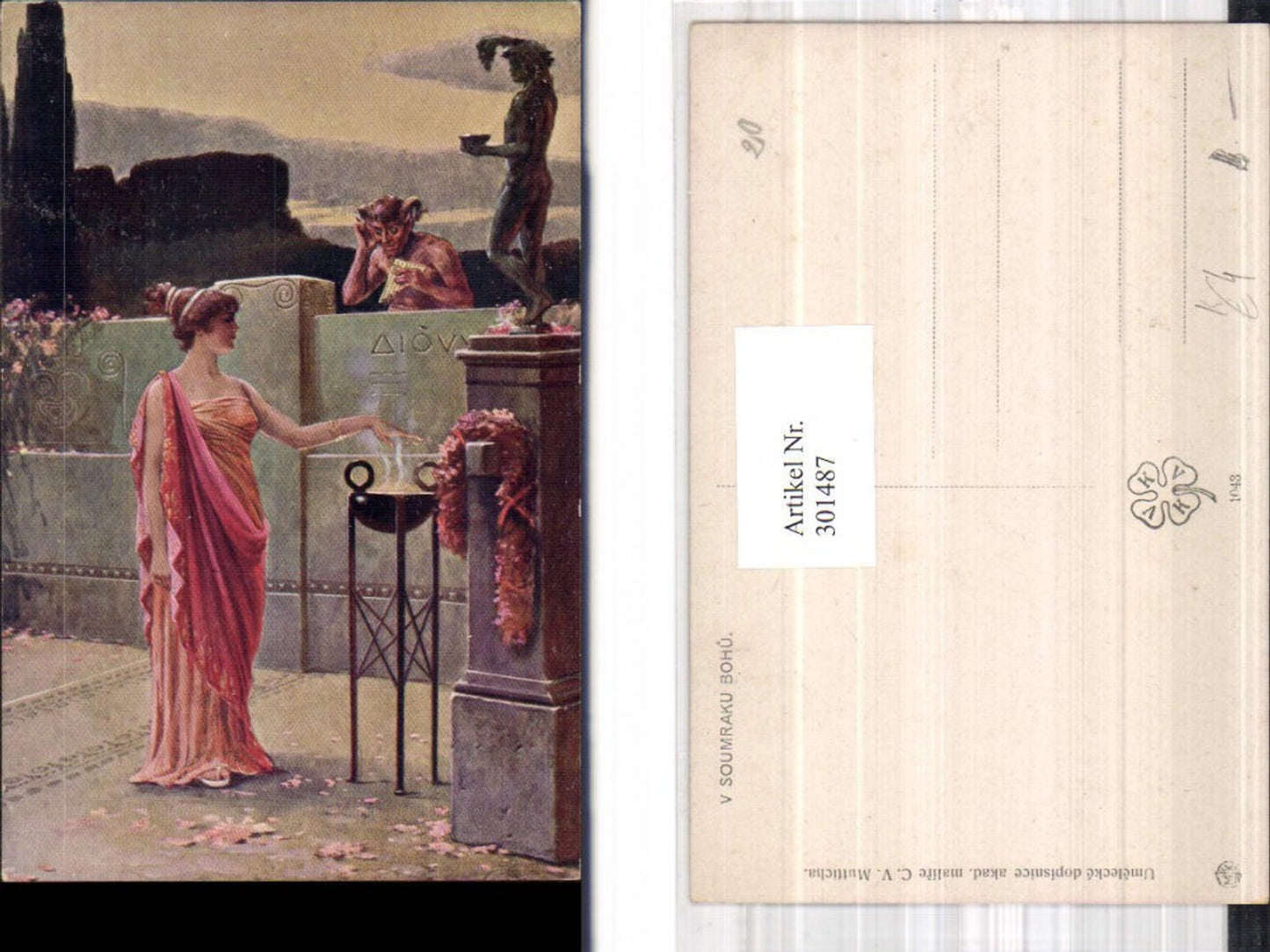 301487,Künstler Ak C. V. Mutticha V Soumrakus Bohü Frau b. Feuerstelle Pan Panflöte