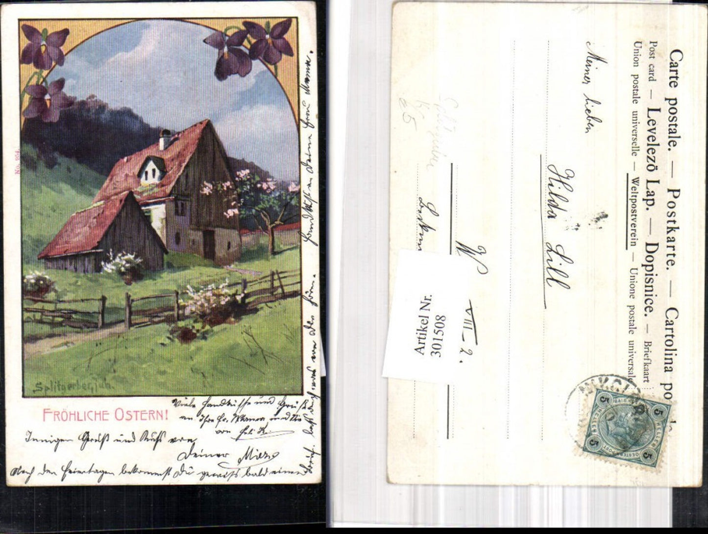 301508,Künstler Ak Splitgerber Haus Bauernhaus Zaun Landschaft Passepartout Veilchen Ostern