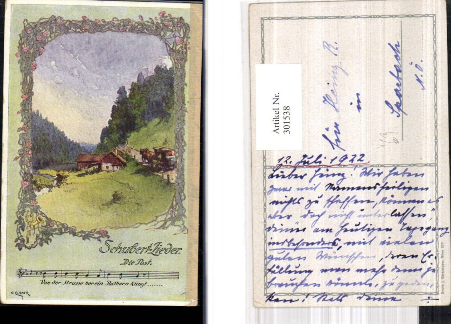 301538,Künstler Ak O. Elsner Liedkarte Schubertlieder Die Post Notenzeile pub J. Gerstmayer Wien