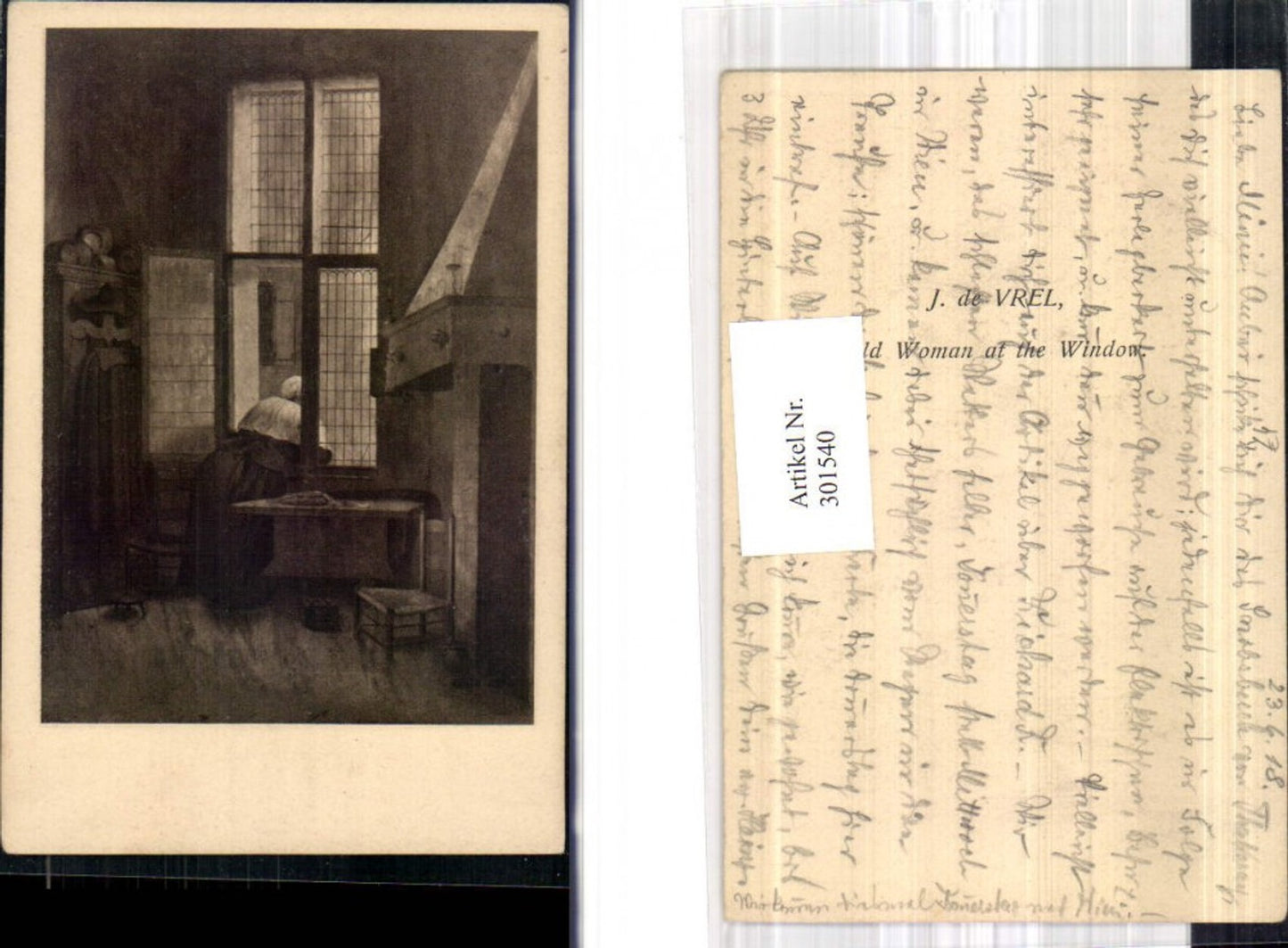 301540,Künstler Ak J. de Vrel Old Woman at the Window Alte Frau a. Fenster