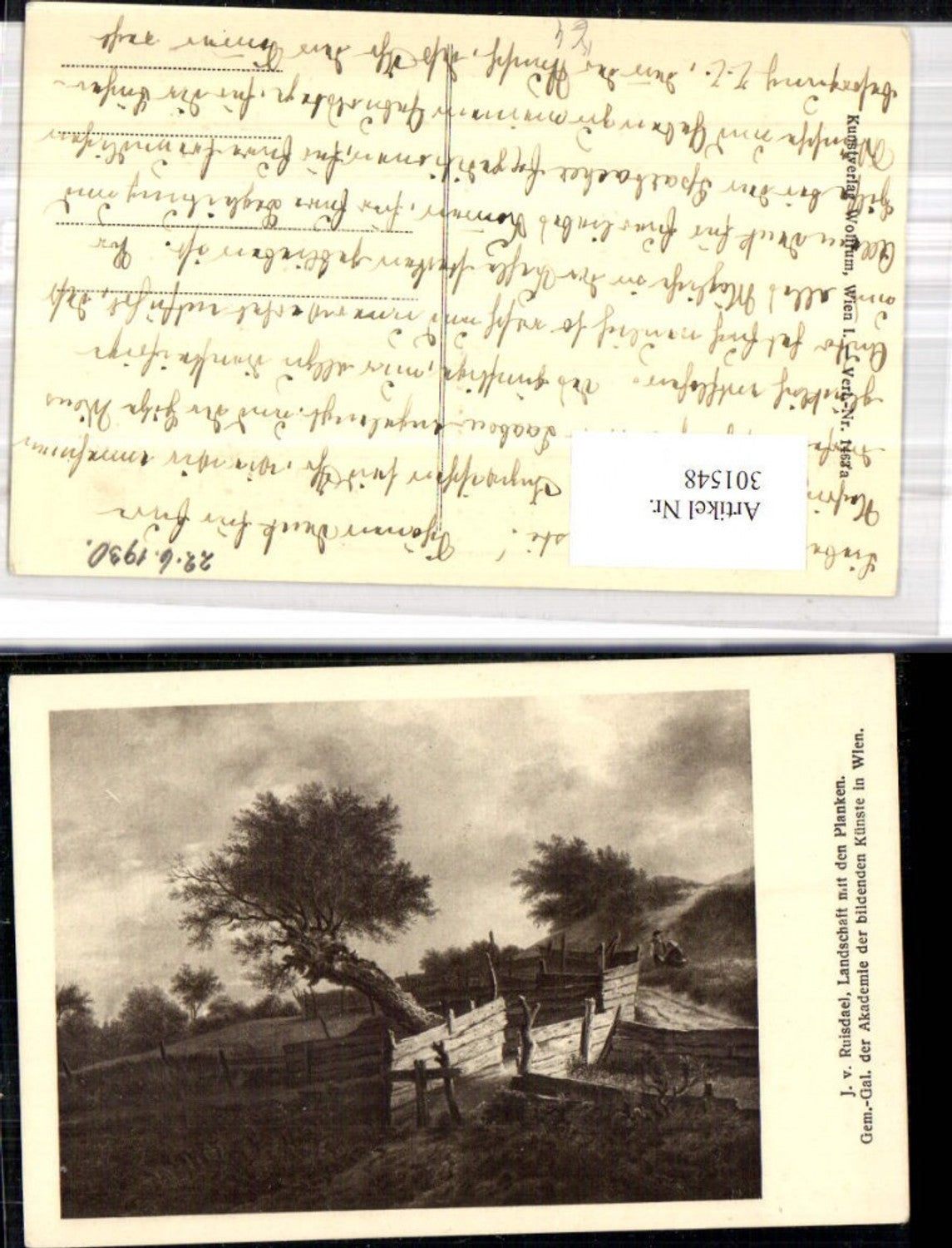 301548,Künstler Ak J. v. Ruisdael Landschaft m. d. Planken Baum Holzzaun Zaun