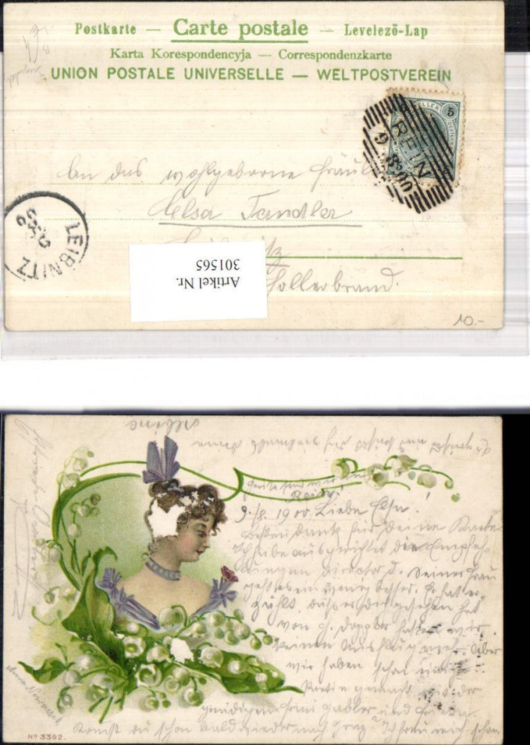 301565,Künstler Litho Jugendstil Frau Kopfschmuck Maiglöckchen Blumen