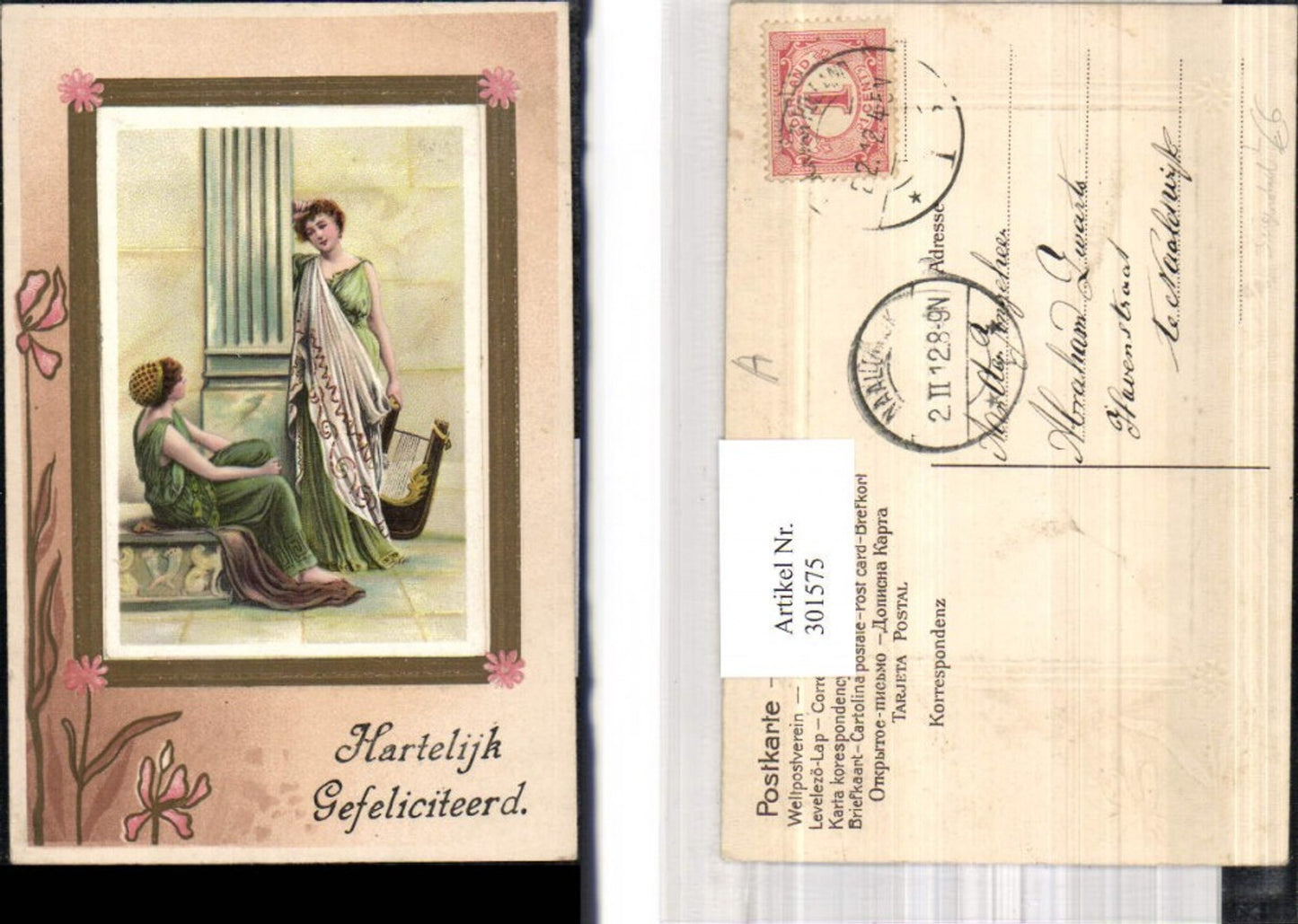 301575,Künstler Litho Jugendstil Frau m. Harfe Präge Passepartout Blumen Hartelijk Gefeliciteerd