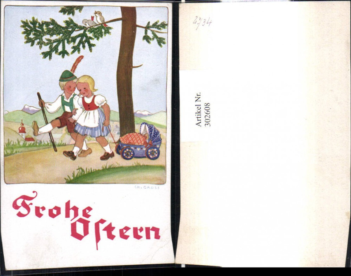 302608,Deutscher Schulverein 2734 Künstler Ch. Gross Kinder m. Puppenwagen Wanderstock Ostern