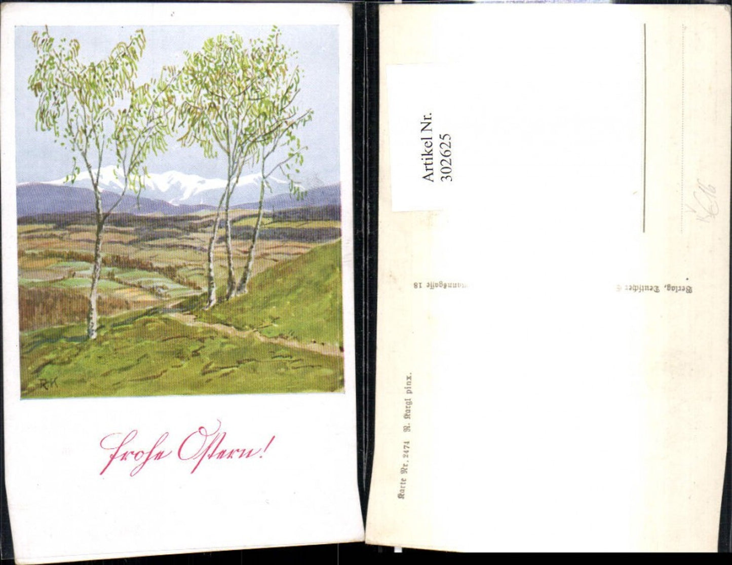 302625,Deutscher Schulverein 2474 Künstler R. Kargl Birken Landschaft Bergkulisse Ostern