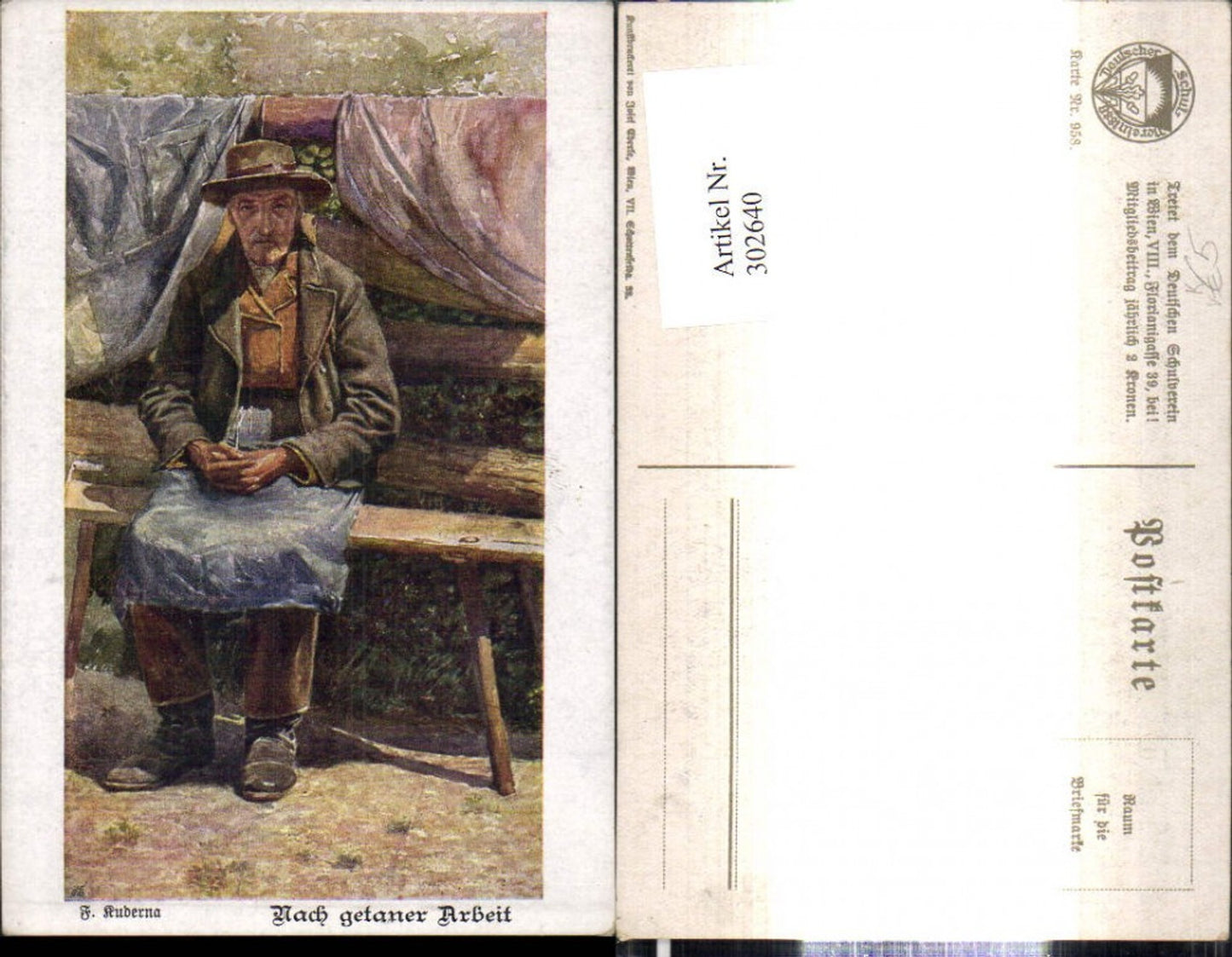 302640, German School Association 958 Artist F. Kuderna After work done Old man sitting on a bench