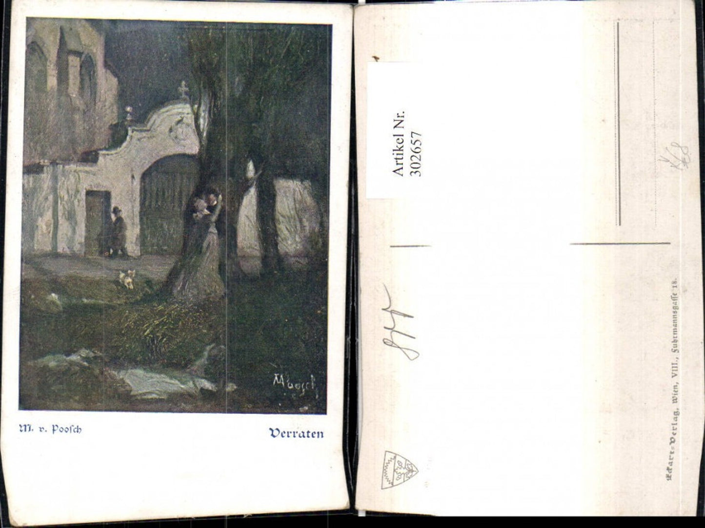 302657, German School Association 1546 Artist M. v. Poosch Betrayed Couple Kiss under Tree Dog at Night