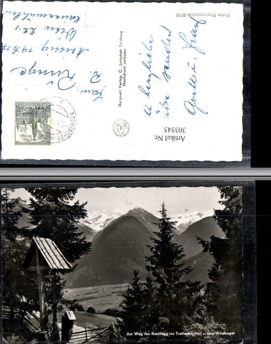 303545,Weg vom Rechtegg ins Trattenbachtal u. Wildkogel Bergkulisse Wegkreuz b. Neukirchen