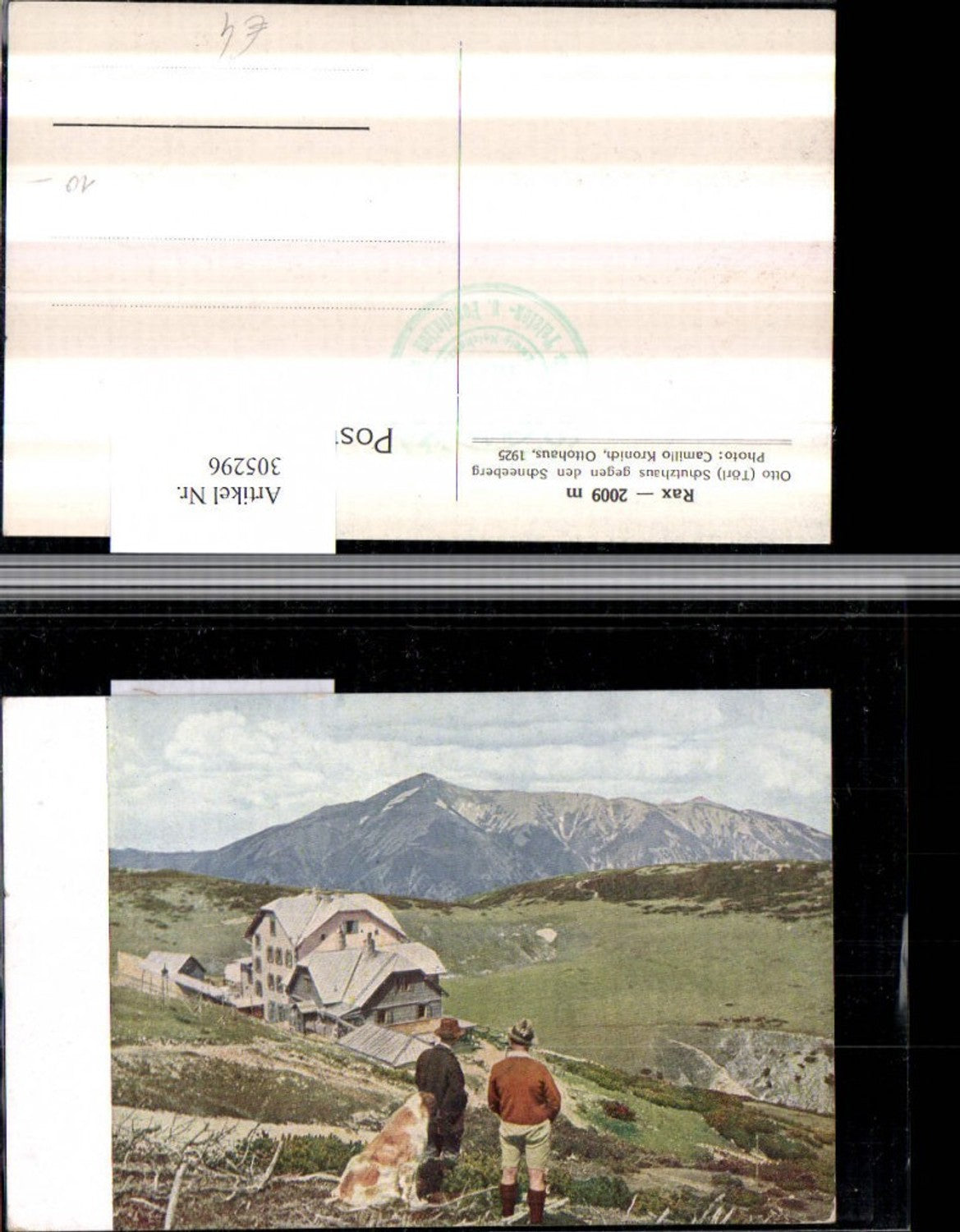 305296, Rax Otto-Schutzhaus mountain hut opposite Schneeberg mountain scenery near Reichenau St. Bernard dog