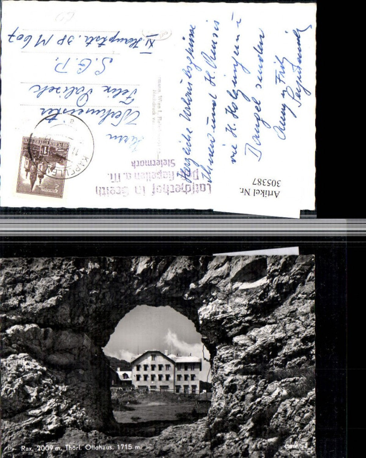 305387,Rax Törl Durchblick zum Ottohaus Berghütte b. Reichenau Stempel Latscherhof in Greith