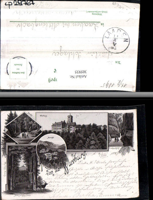 305935, Lithograph 1895 Greetings from the Wartburg near Eisenach Marienthal Dragon Gorge Multi-view postcard