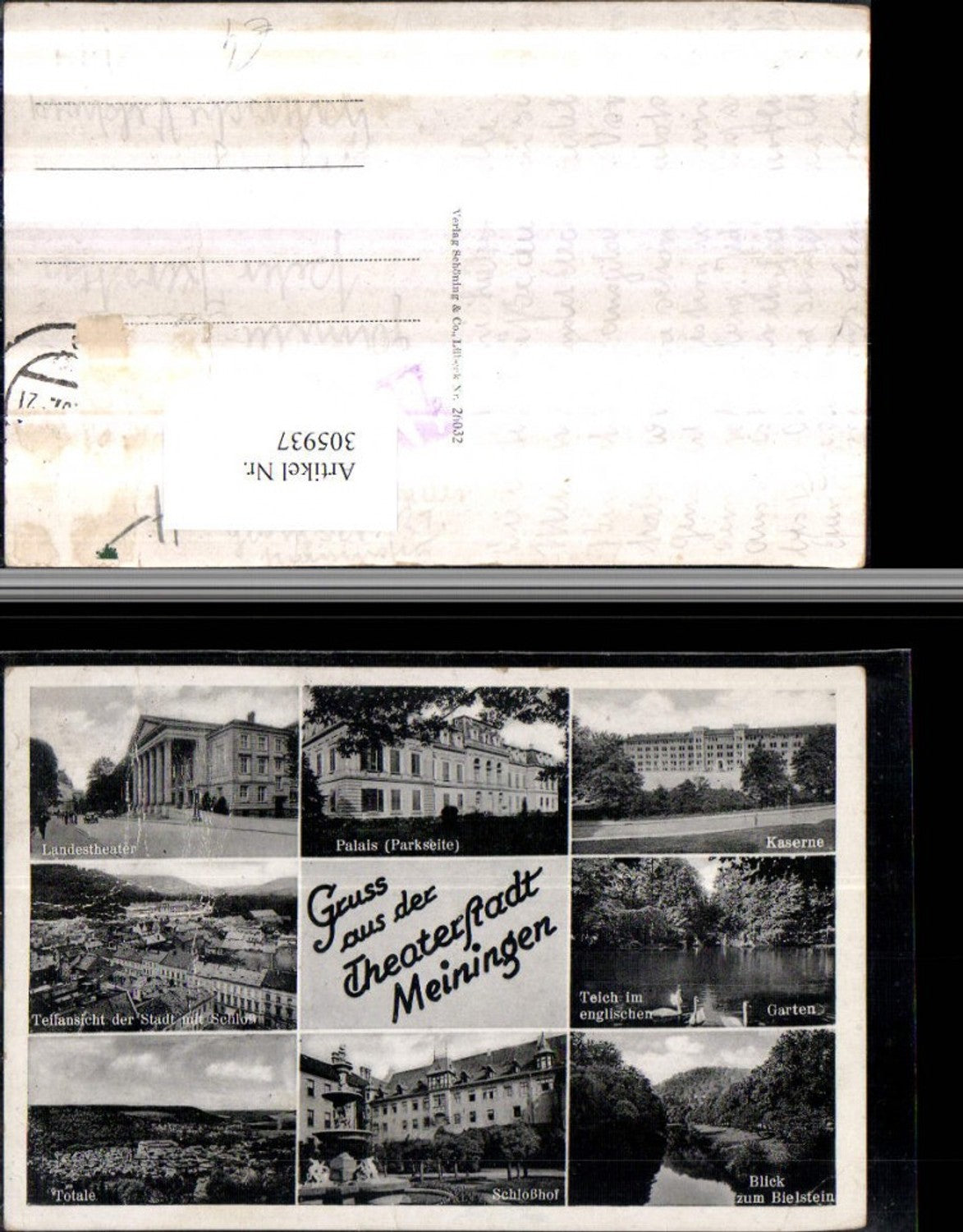 305937, Meiningen Total view of the castle courtyard, barracks, palace, theater, English Garden, multi-view map