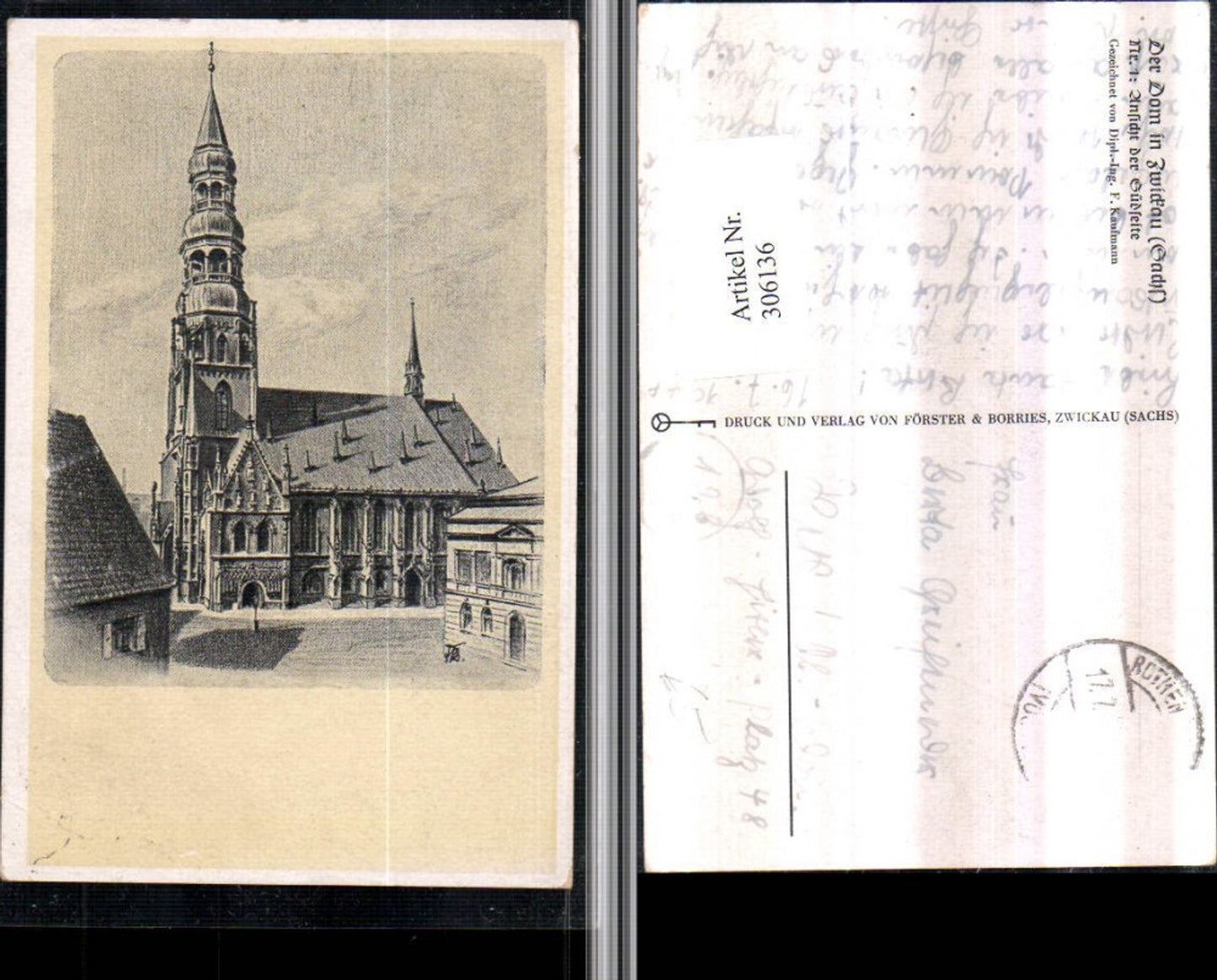 306136,Künstler AK F. Kaufmann Zwickau Dom Kirche