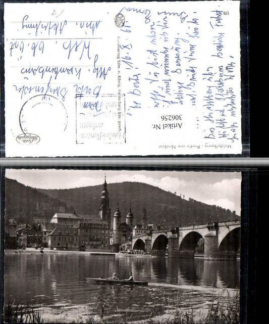 306256, Heidelberg Partial view Scene on the Neckar River Bridge Church Rowboat