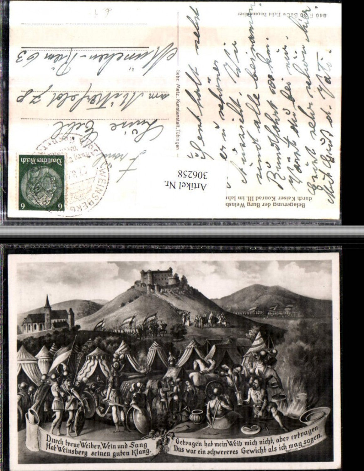 306258,Künstler AK Burg Weinsberg Belagerung durch Kaiser Konrad III 1140 Spruch Wein Soldaten