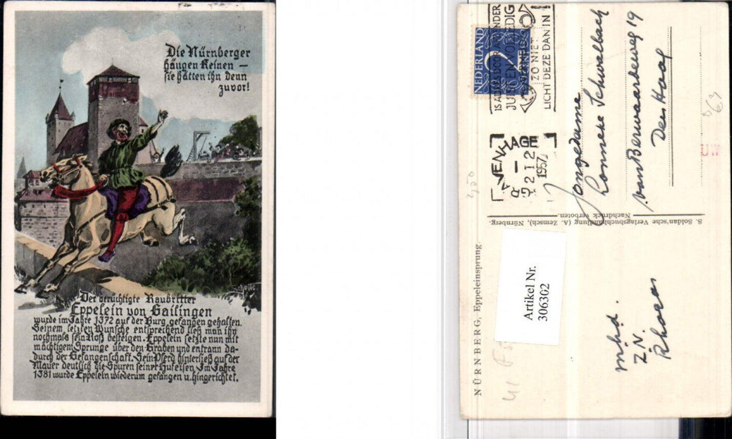306302,Künstler AK Schotte Nürnberg Eppeleinsprung Burg Mann Pferd Eppelein von Gailingen Text