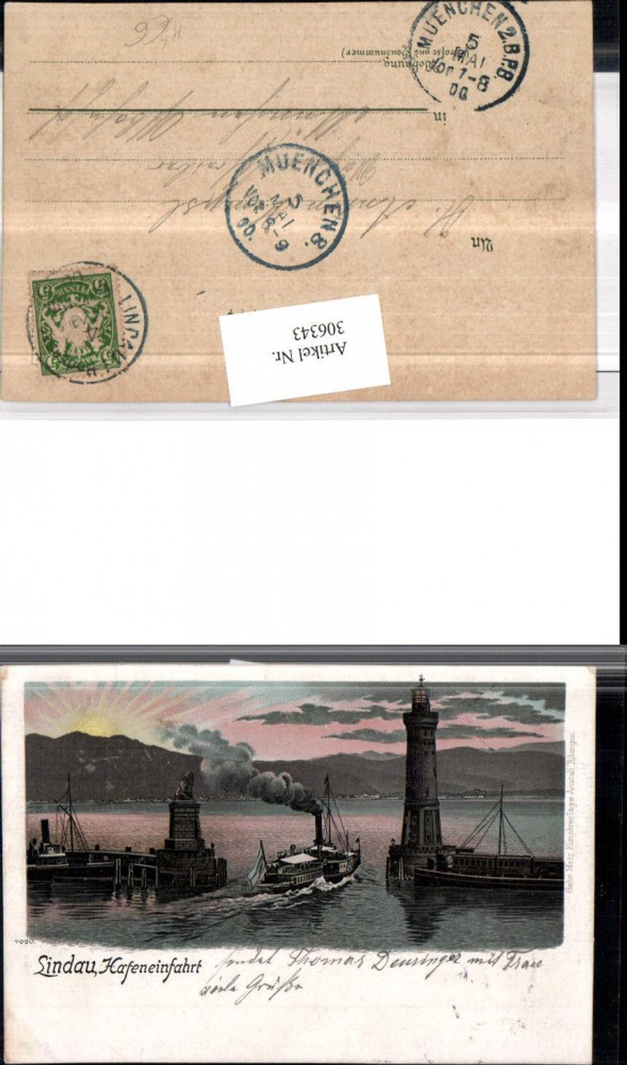 306343,Litho Lindau im Bodensee Hafen Einfahrt Leuchtturm Dampfer Sonne