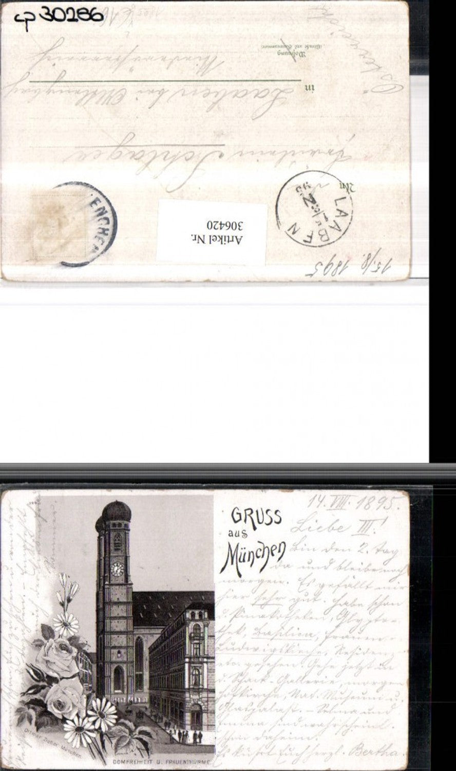 306420,Litho 1895 Gruß aus München Frauenkirche Türme Blumen pub Ottmar Zieher