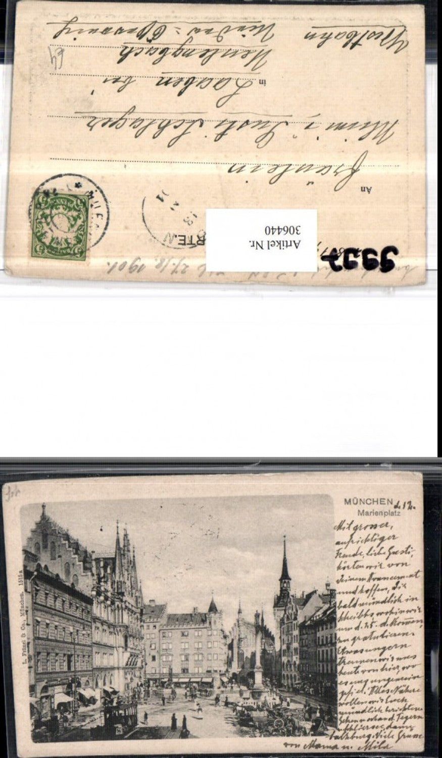 306440,München Marienplatz Säule Tram Geschäfte Präge Passepartout