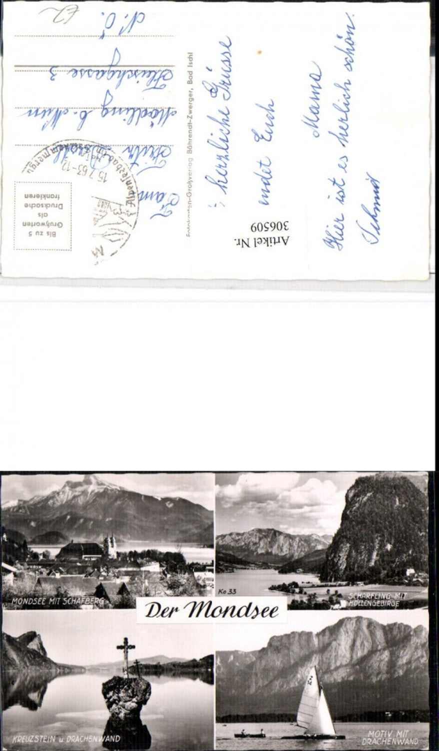 306509,Mondsee Kloster Kreuzstein Scharfling Segelboot Bergkulisse Mehrbildkarte